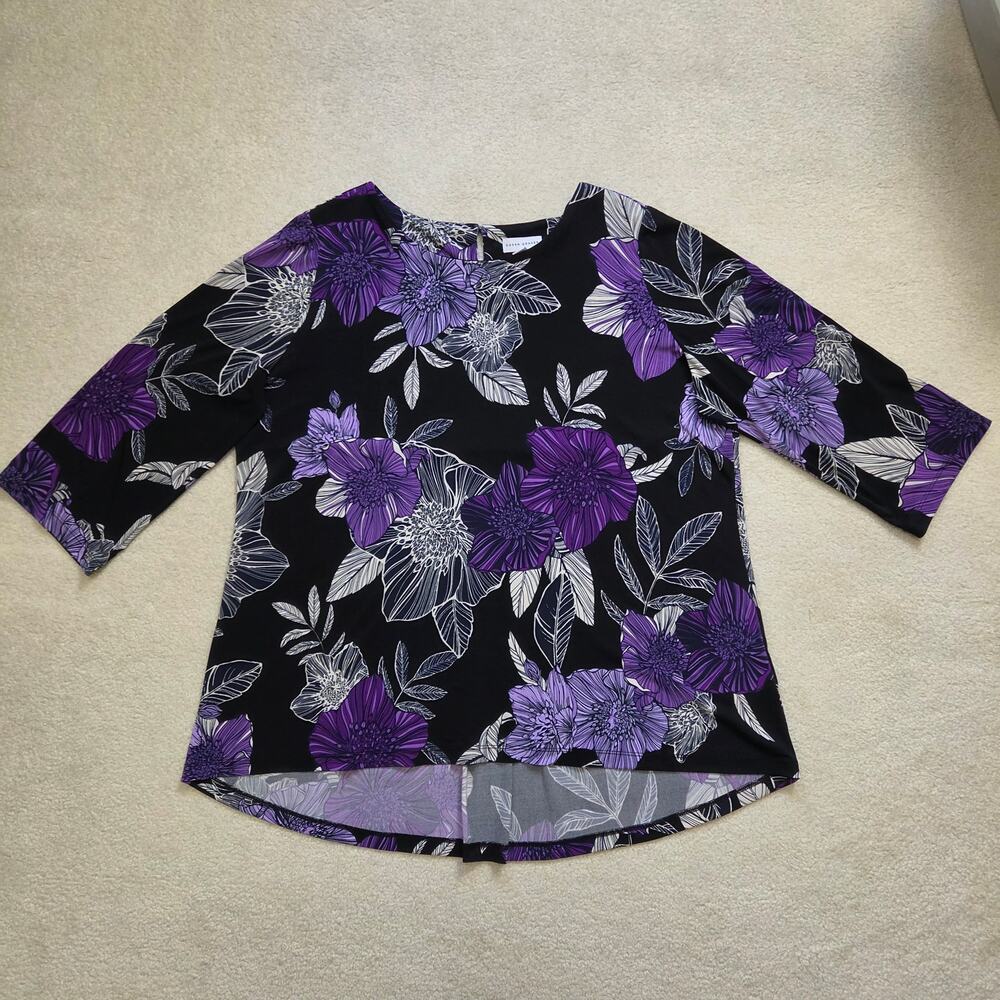 Susan Graver XL Liquid Knit Floral Pullover 3/4 Sleeve Scoop Neck Tunic Top